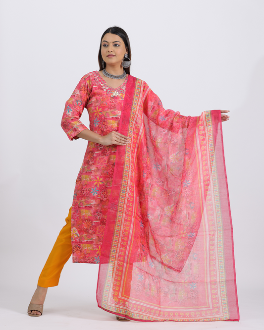 Pure Muslin Silk Yellow and Orange Suit with Digital Print Dupatta and Hand Work on Neck