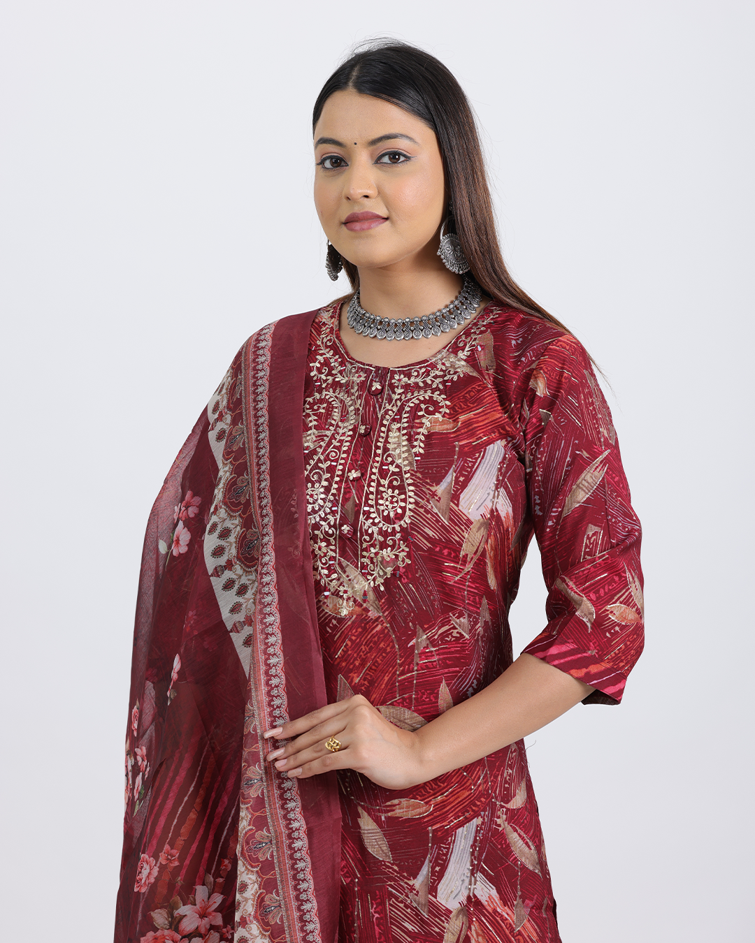 Pure Muslin Silk Maroon Suit with Digital Print Dupatta and Hand Embroidered Neckline