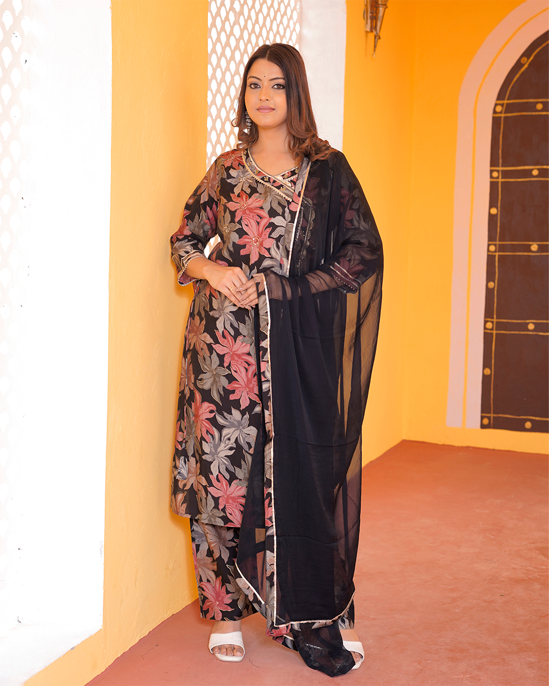 Pure Muslin Silk Black Angrakha Suit
