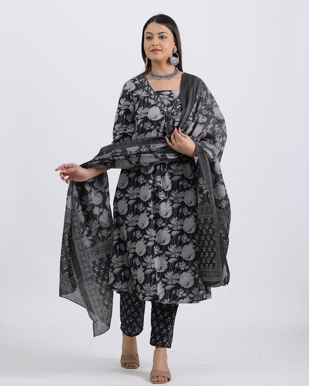Pure Cotton Black Suit with Digital Print Dupatta and V-Laced Neckline