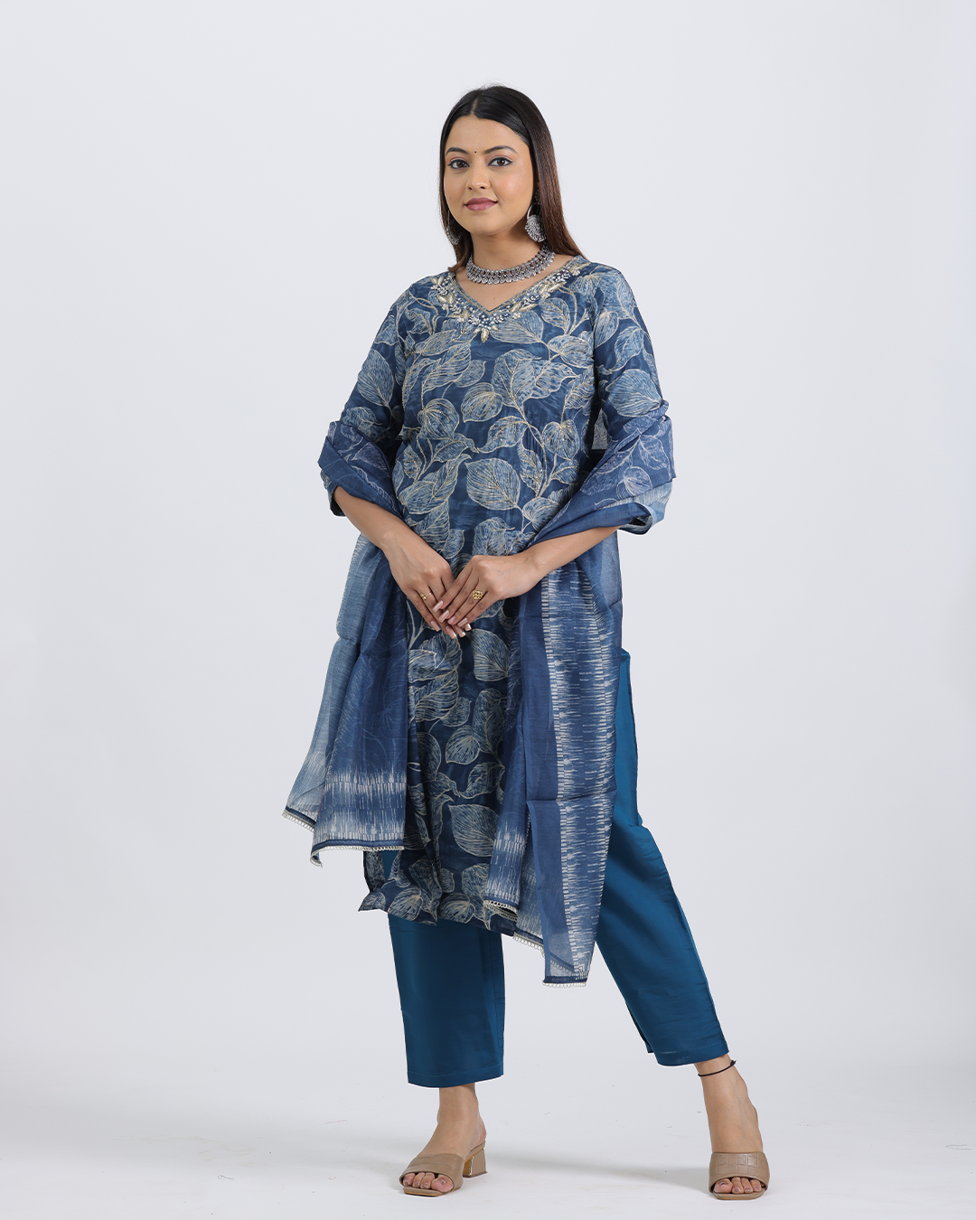 Pure Muslin Silk Royal Blue Suit with Digital Print Dupatta and Sequence Work