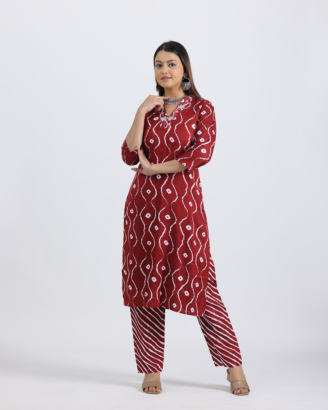 Pure Cotton Maroon Kurta Pant Set with Sequence Work and V-Neckline