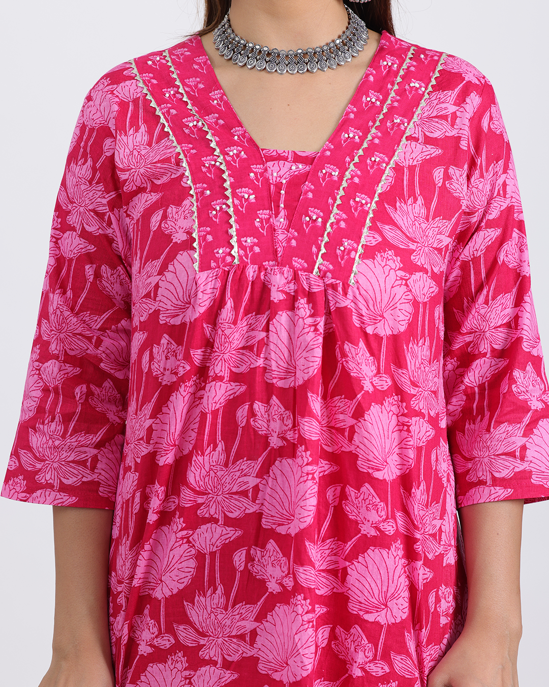 Pure Cotton Pink Suit with Digital Print Dupatta and V-Laced Neckline