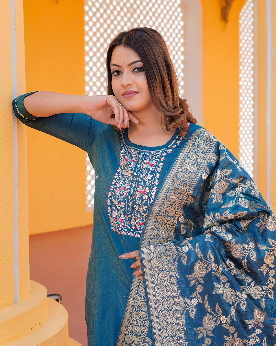 Pure Silk Peacock Blue Suit with Heavy Gotta Patti Work and Banarasi Dupatta
