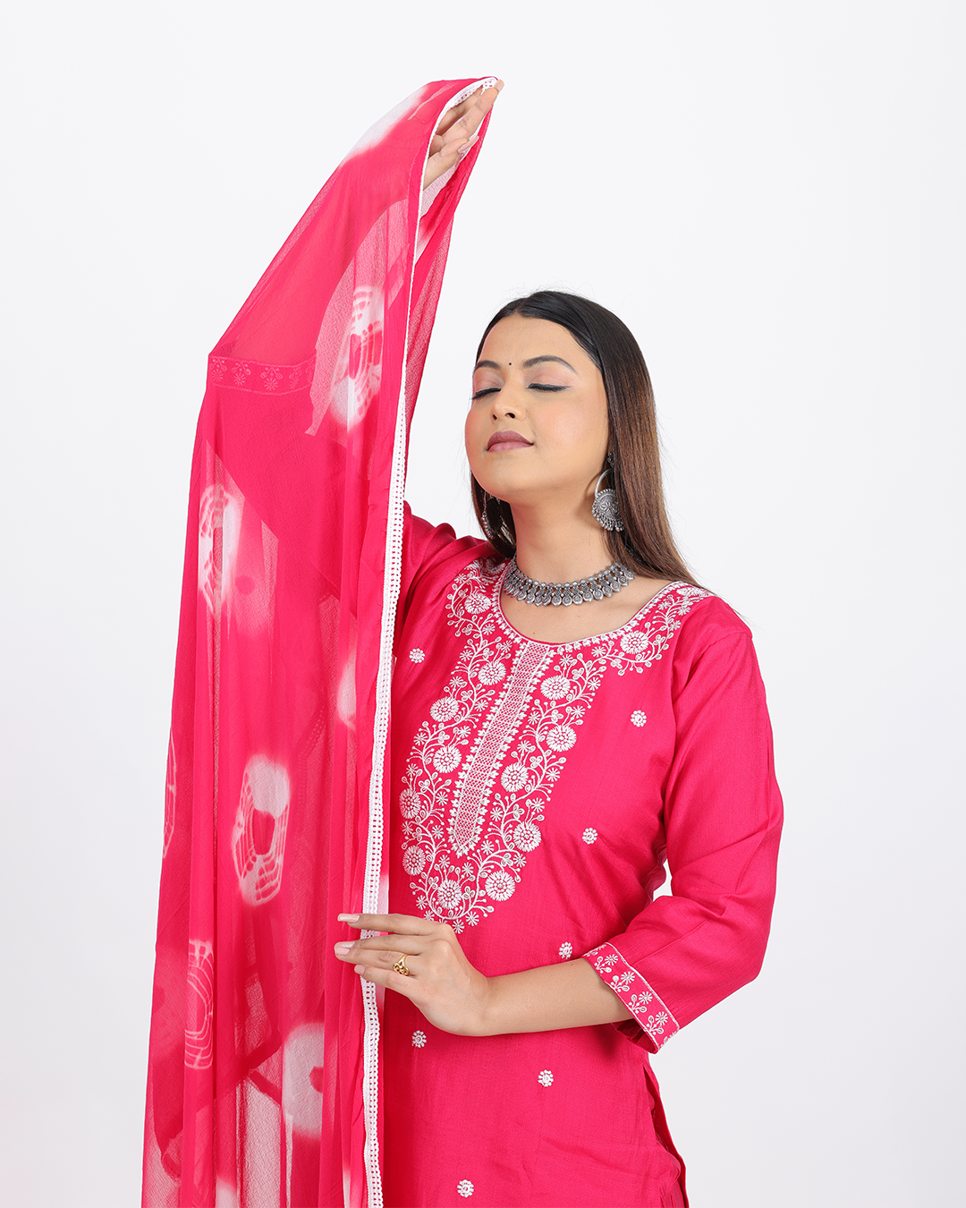 Pure Vatican Silk Pink Suit with Chiffon Bandhani Dupatta and Hand Embroidered Work