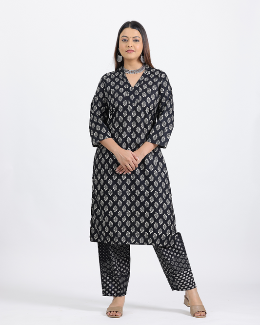 Pure Cotton Black Bagru Print Kurta Pant Set