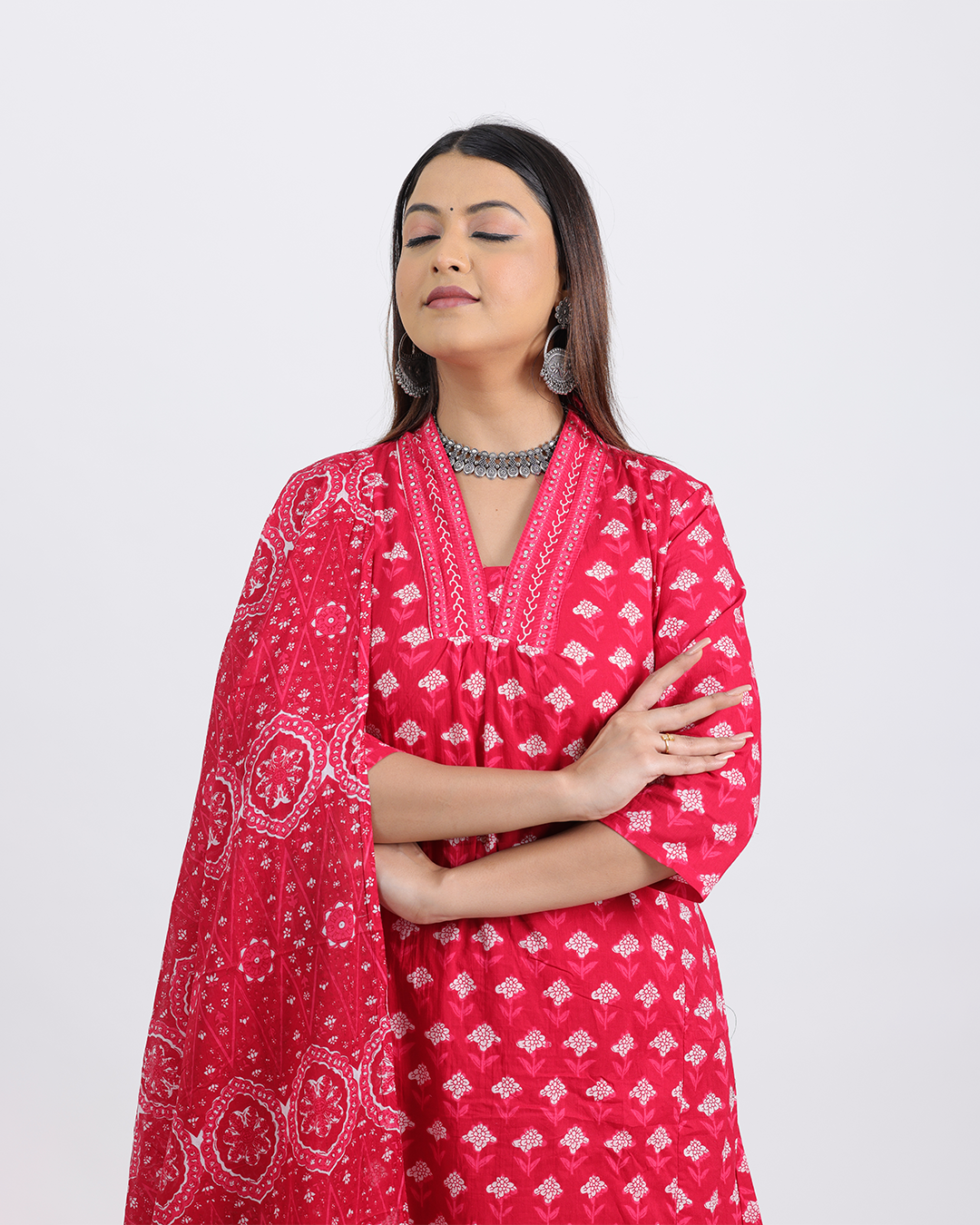 Pure Cotton Pink Digital Dupatta Set with V-Laced Neck