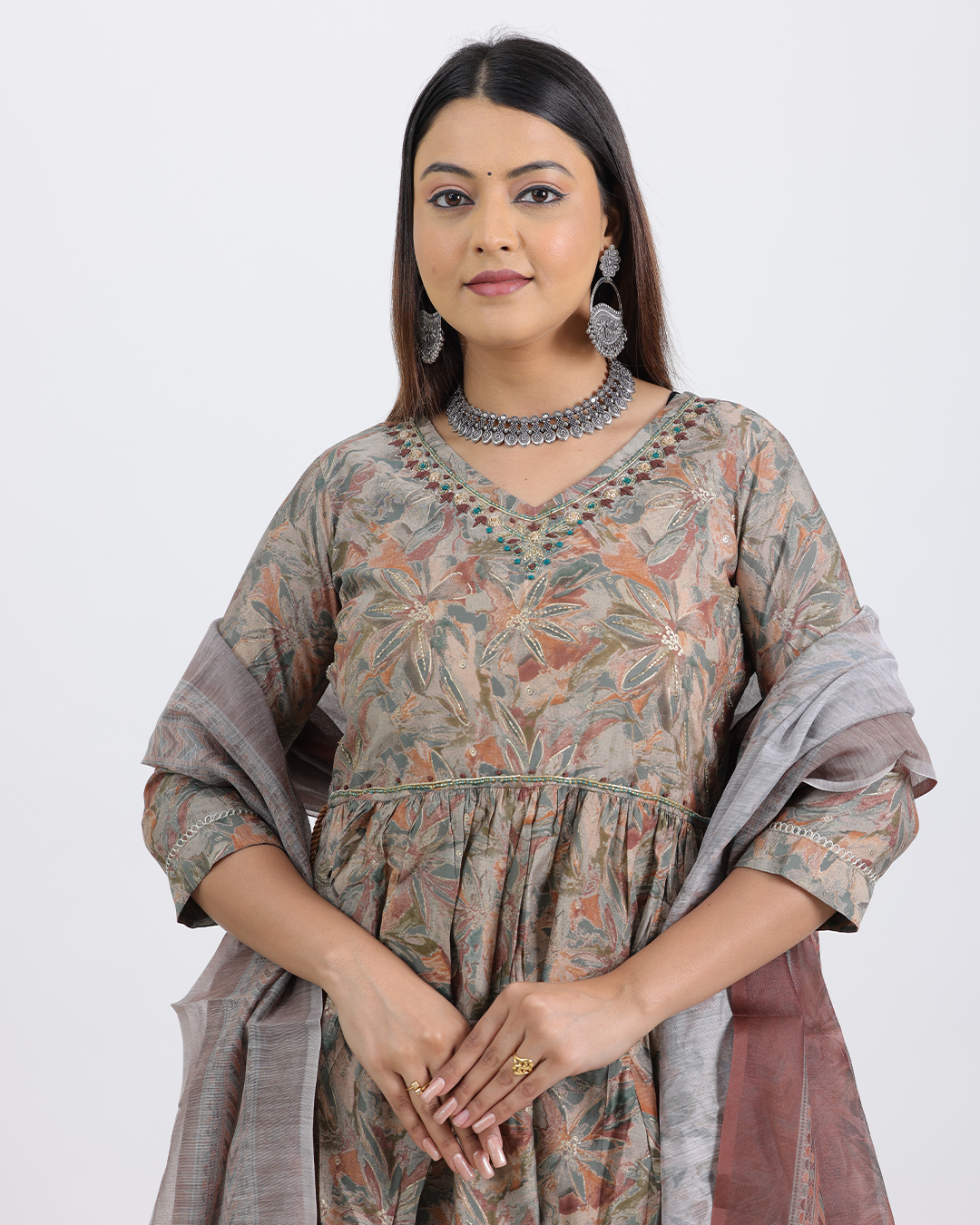Pure Muslin Silk Brown Frock Suit with Digital Print Dupatta and Sequence Work