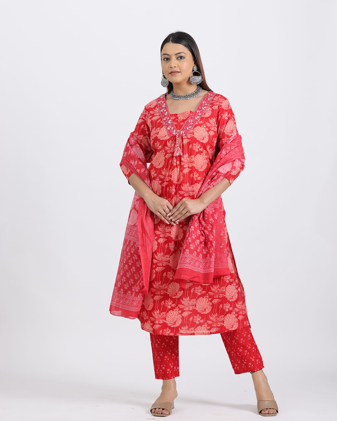 Pure Cotton Red Digital Print Suit with V-Laced Neck and Dupatta