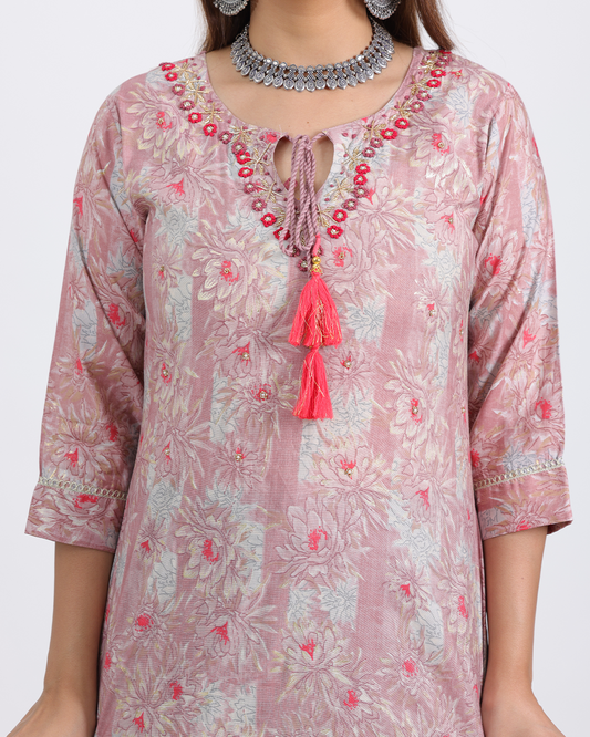 Pure Muslin Silk Onion Pink Suit Set with Digital Print Dupatta and Heavy Neck with Tassels
