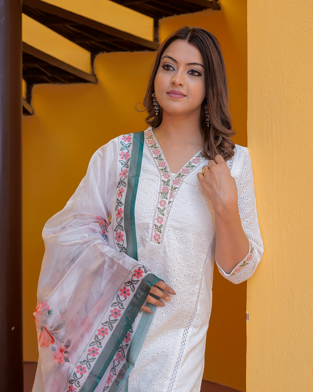 Pure Cotton White Chikankari Suit with Lace Work on Neck and Organza Dupatta