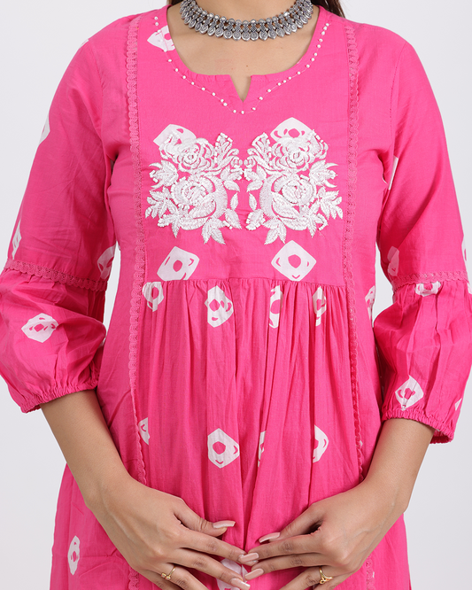 Pure Cotton Pink Frock Style Kurta Pant Set