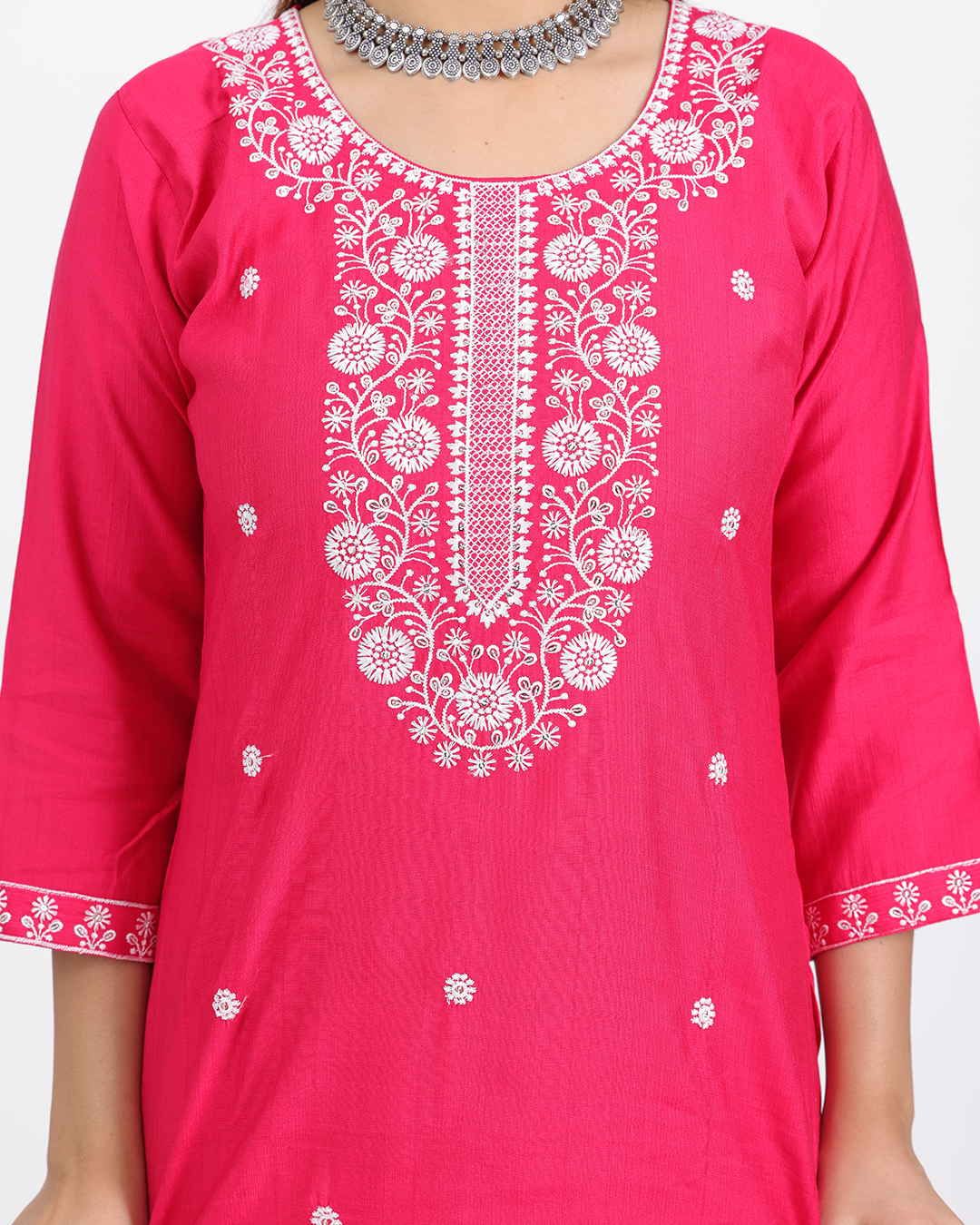 Pure Vatican Silk Pink Suit with Chiffon Bandhani Dupatta and Hand Embroidered Work