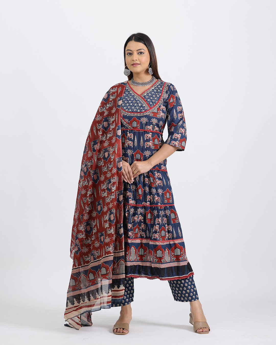 Pure Cotton Blue and Maroon Ajrakh Print Frock Suit with Dupatta