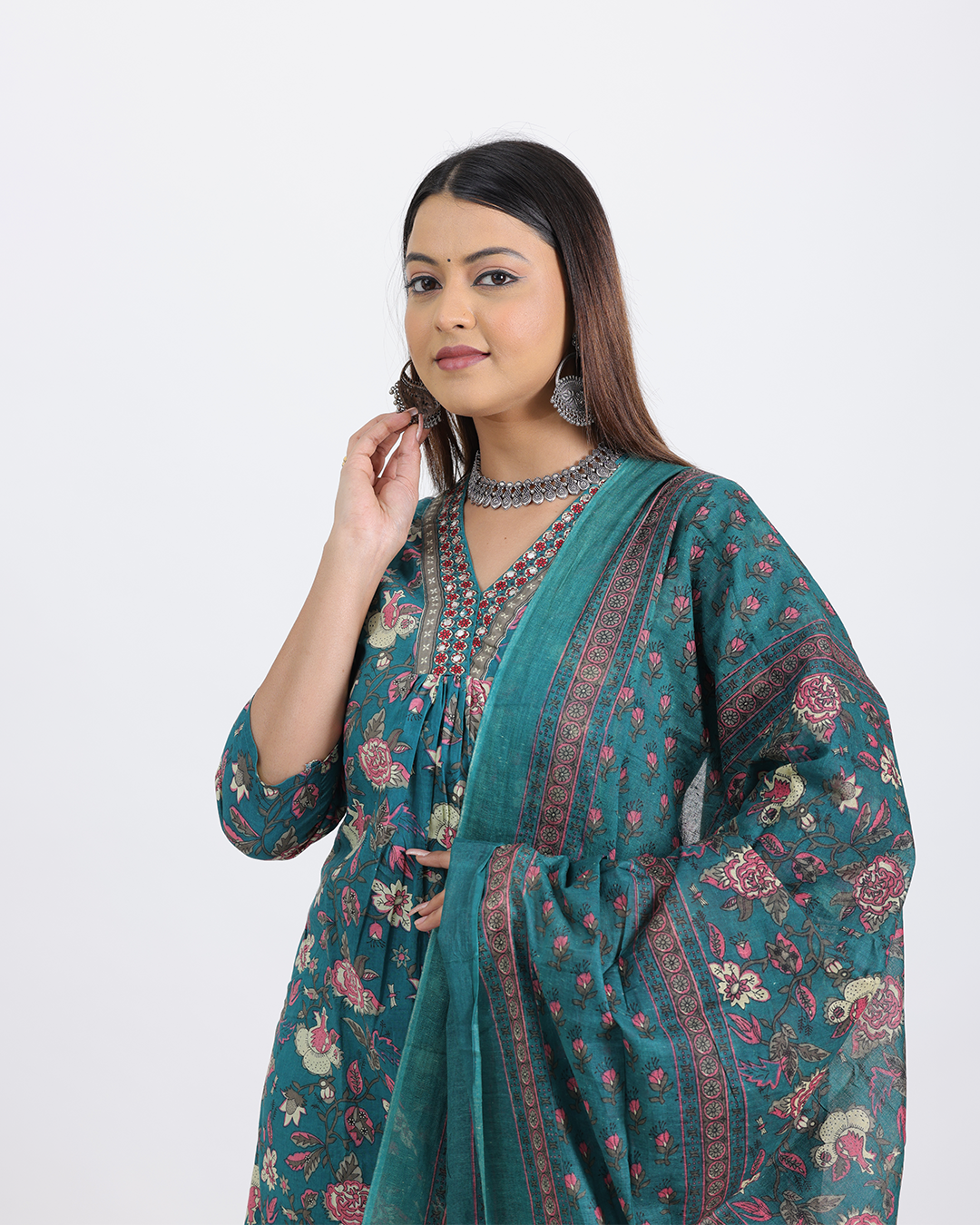 Pure Cotton Firoza Color Digital Print Dupatta Set with Laced Neck