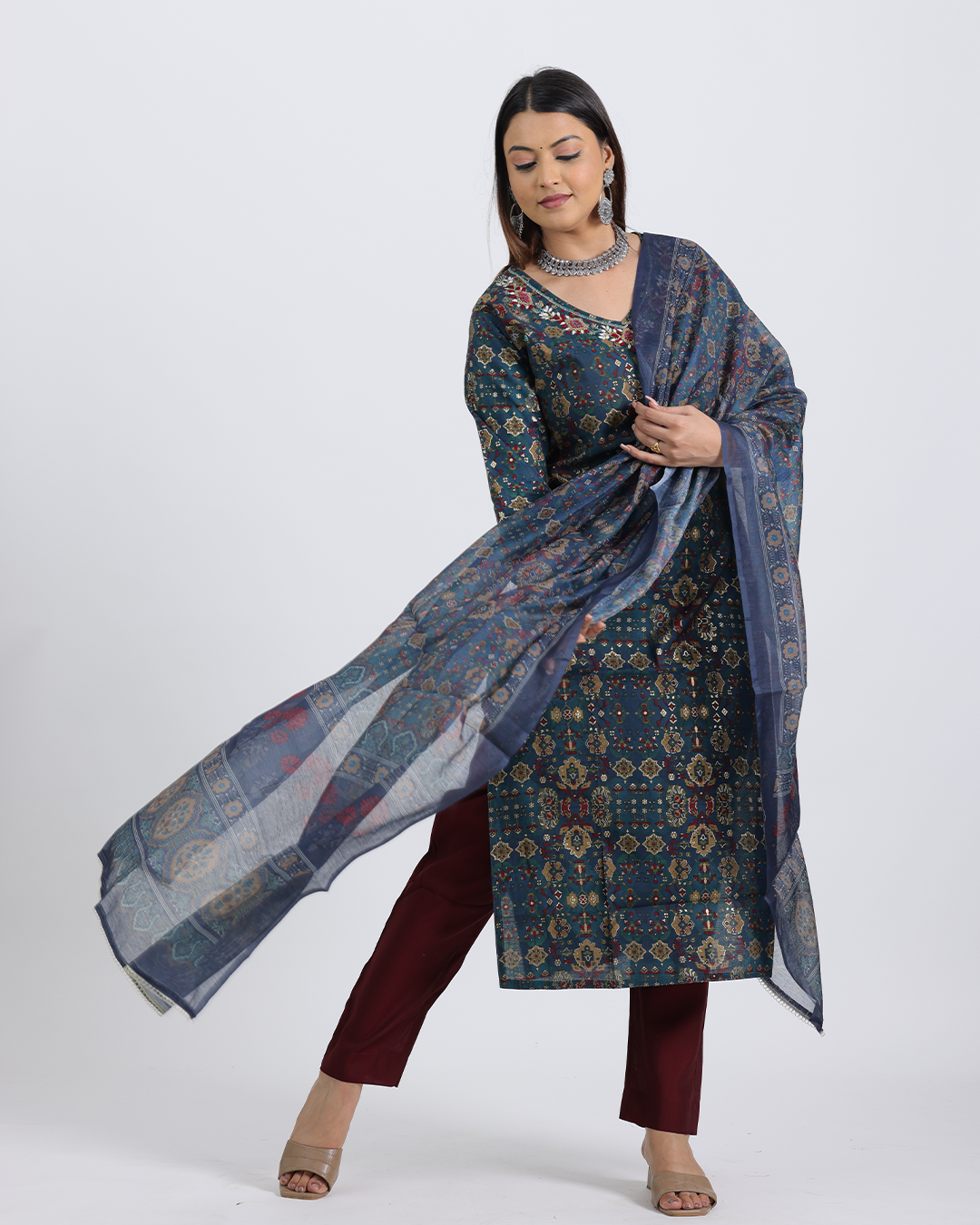 Pure Muslin Silk Dark Green and Maroon Suit with Digital Print Dupatta and Heavy Sequence Work