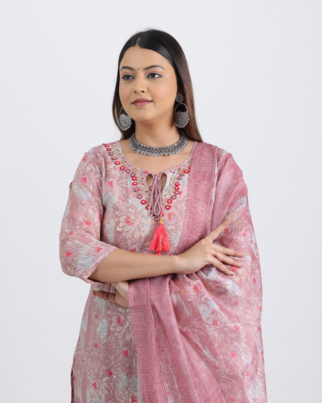 Pure Muslin Silk Onion Pink Suit Set with Digital Print Dupatta and Heavy Neck with Tassels