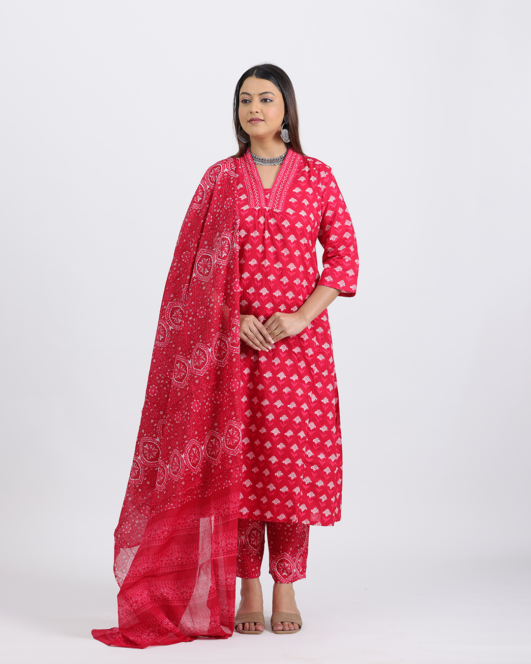 Pure Cotton Pink Digital Dupatta Set with V-Laced Neck