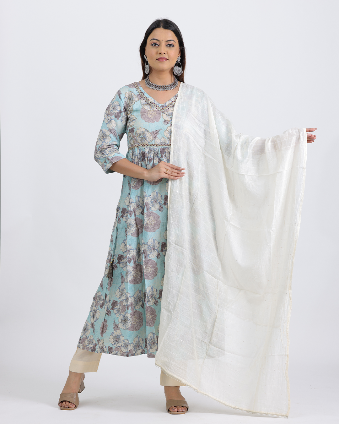 Pure Muslin Silk Off White and Sky Blue Frock Suit with Digital Print Dupatta and Sequence Work