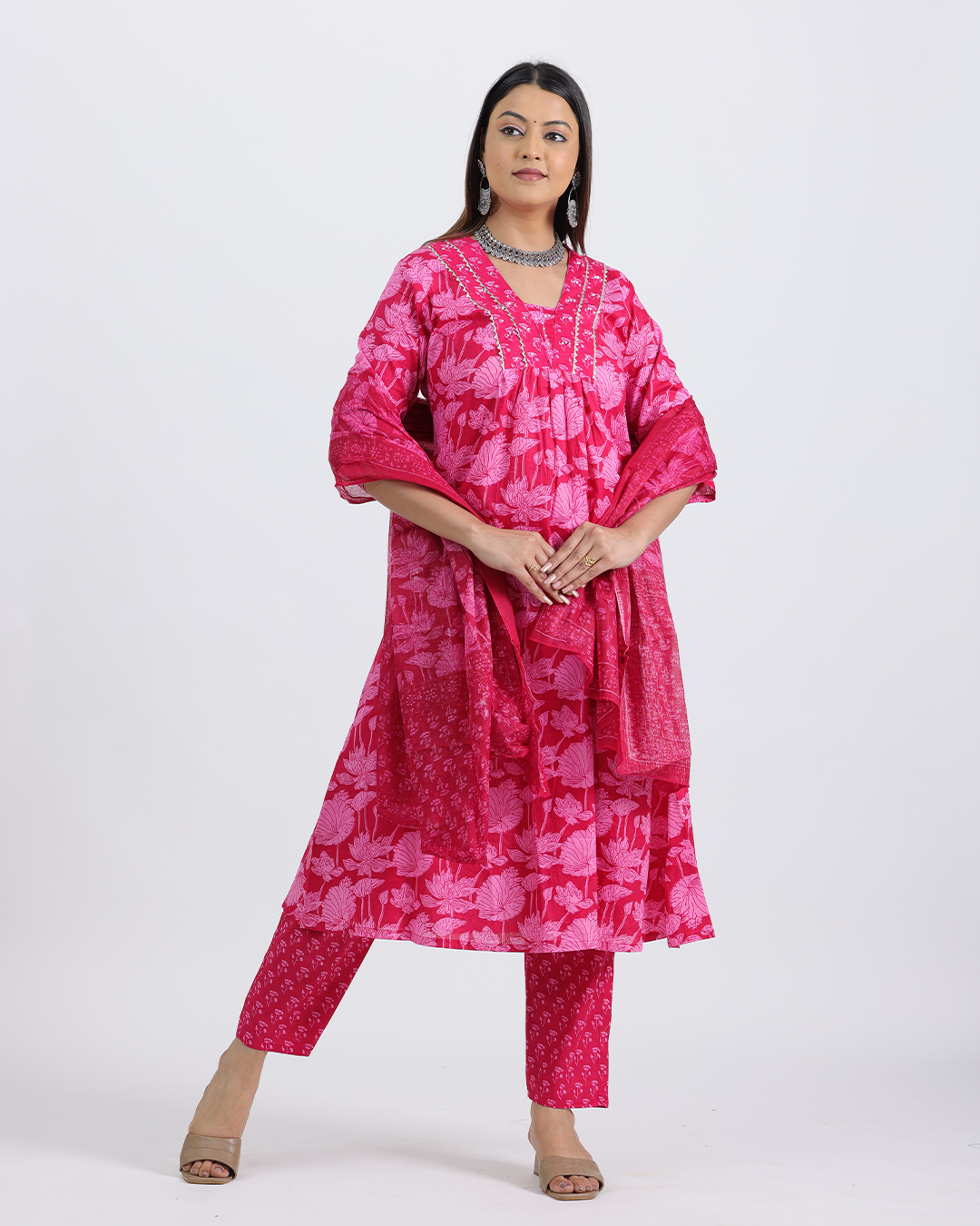 Pure Cotton Pink Suit with Digital Print Dupatta and V-Laced Neckline