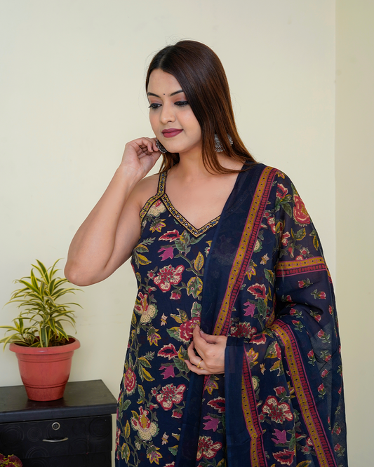 Pure Cotton Blue Floral Sleeveless Digital Print Dupatta Set