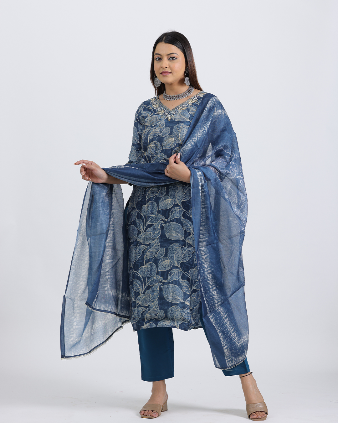 Pure Muslin Silk Royal Blue Suit with Digital Print Dupatta and Sequence Work