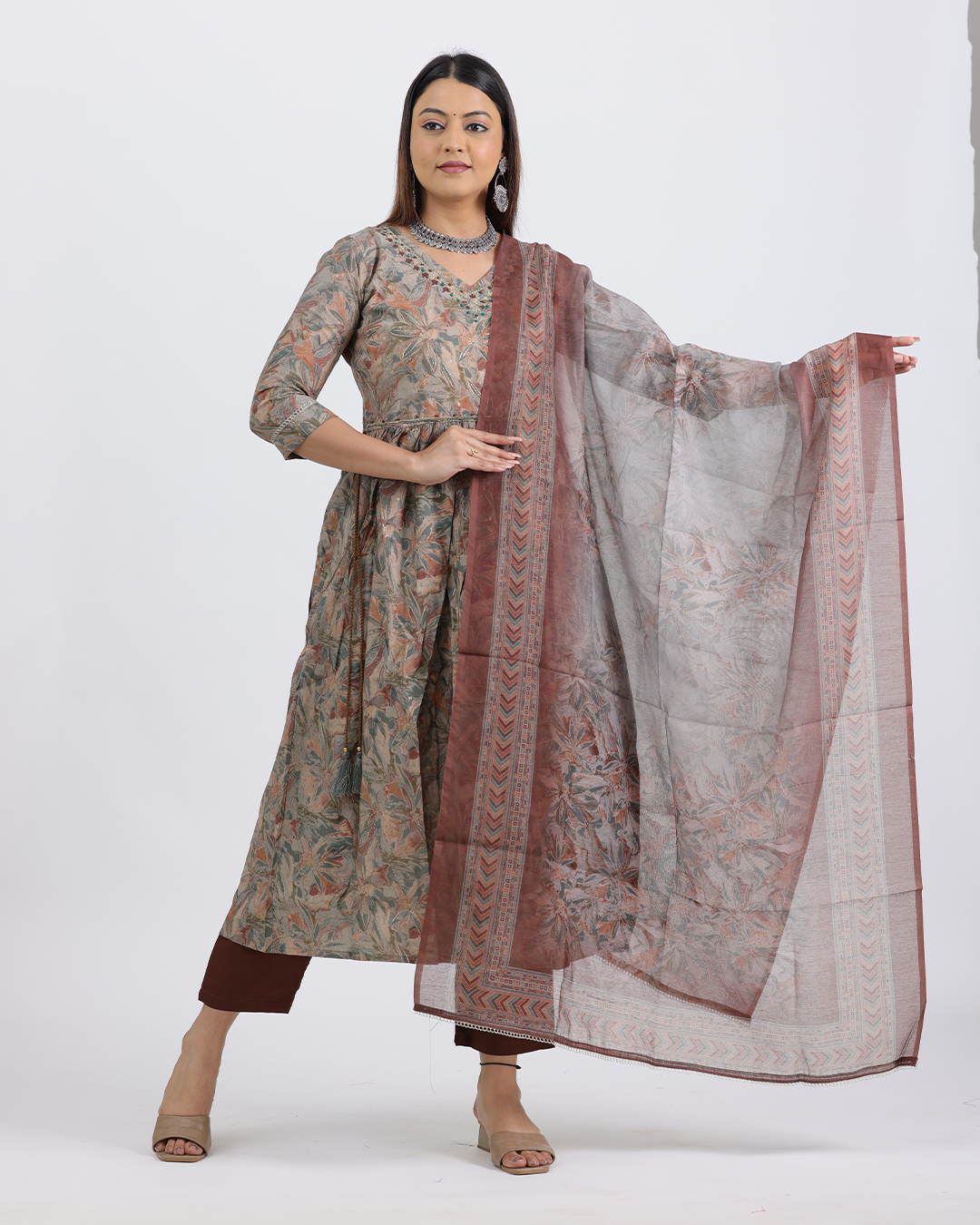Pure Muslin Silk Brown Frock Suit with Digital Print Dupatta and Sequence Work