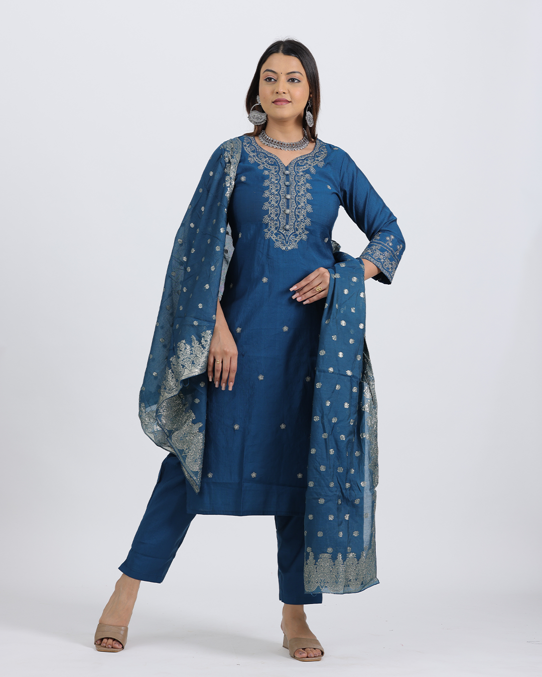 Pure Silk Royal Blue Suit with Chanderi Dupatta and Heavy Thread Work
