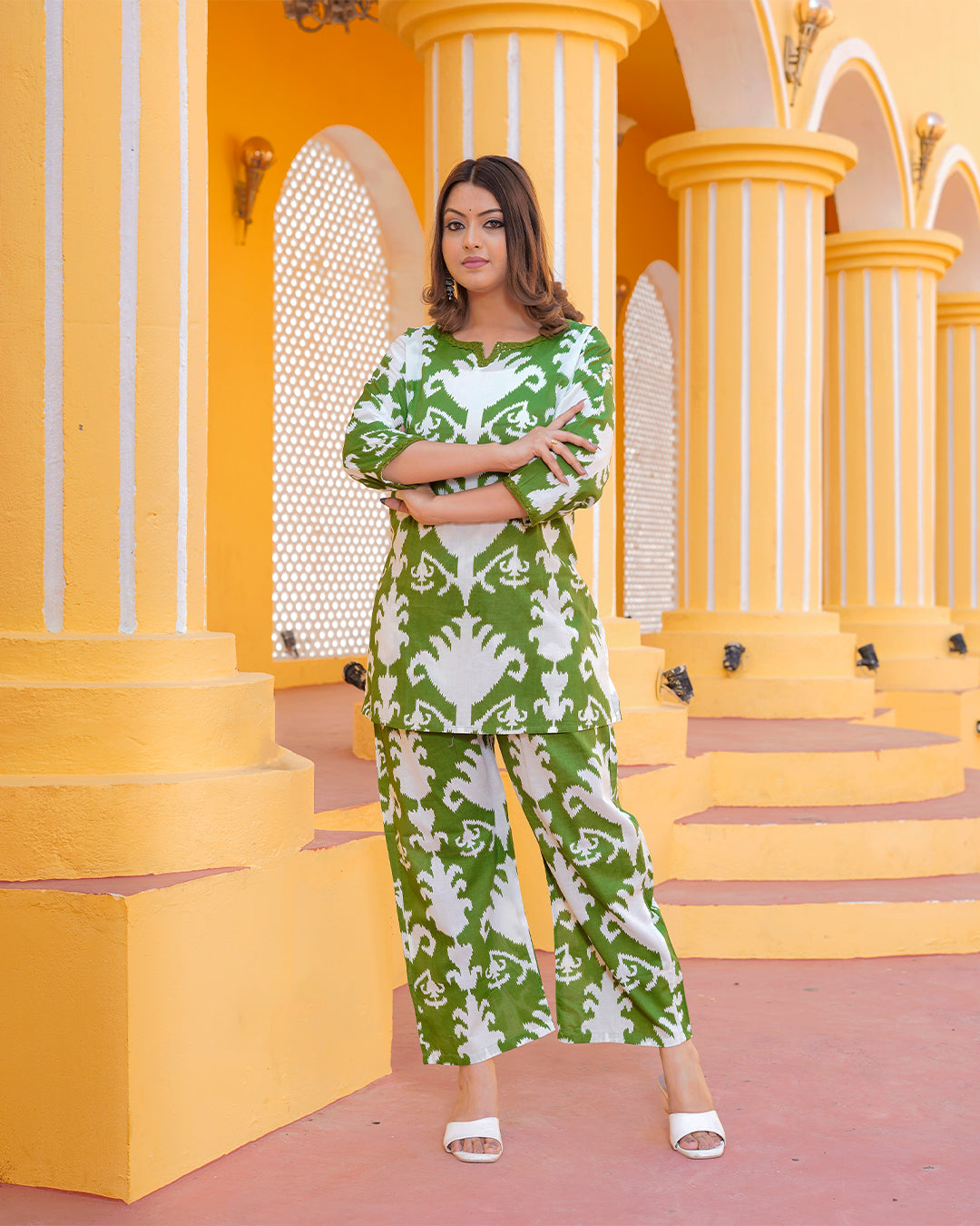 Pure Cotton Green and White Coord Set