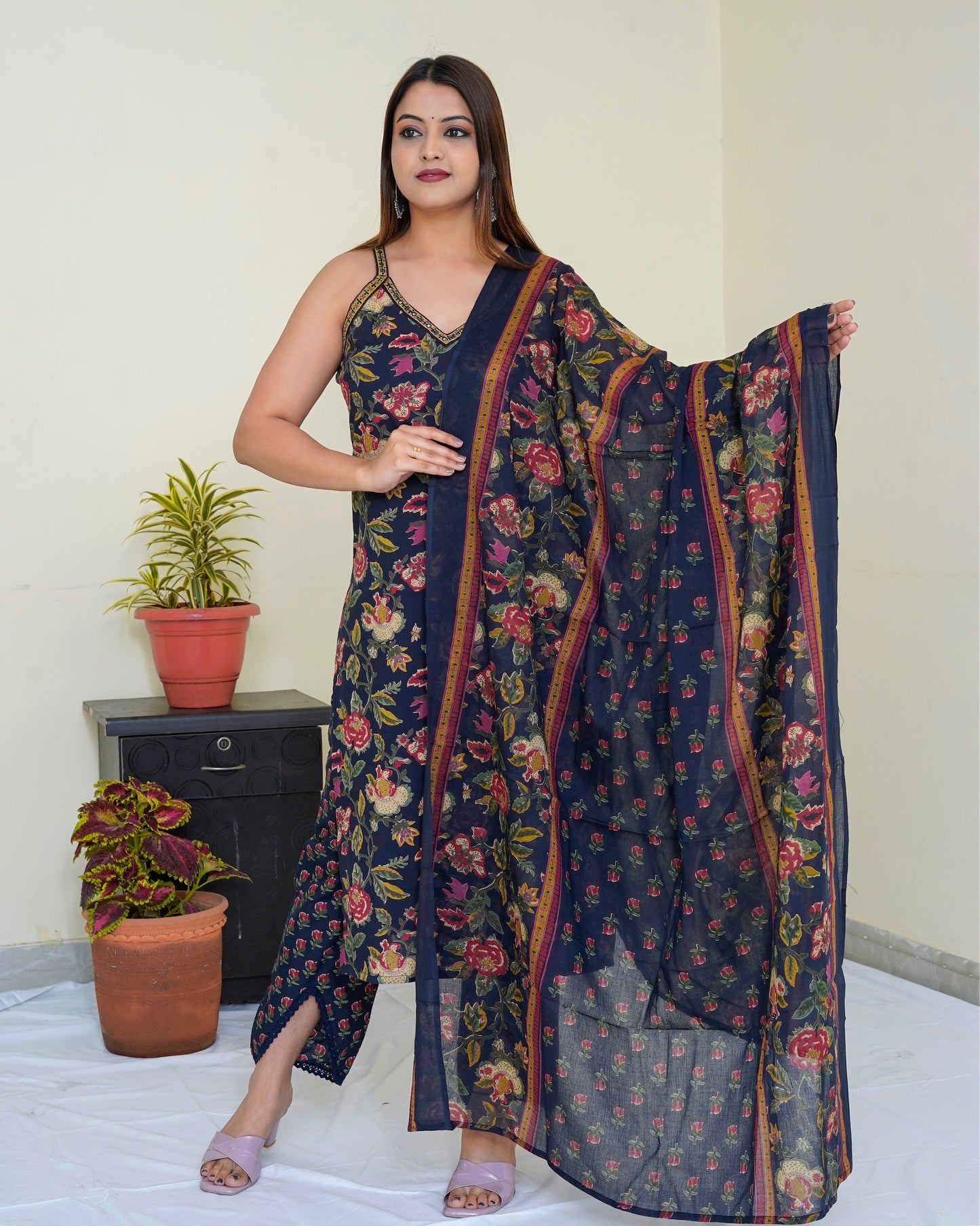 Pure Cotton Blue Floral Sleeveless Digital Print Dupatta Set