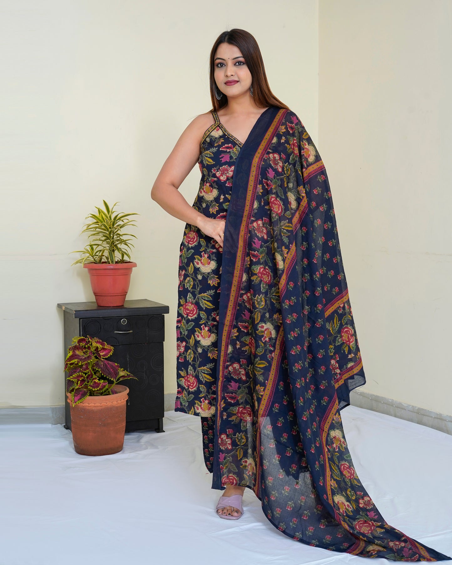 Pure Cotton Blue Floral Sleeveless Digital Print Dupatta Set