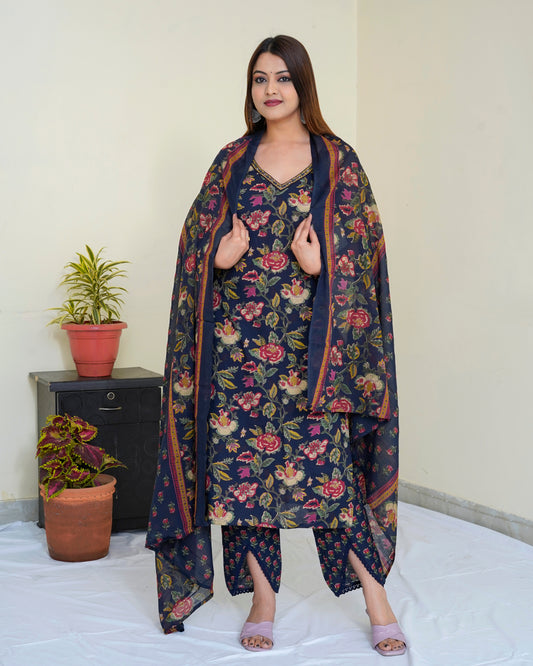 Pure Cotton Blue Floral Sleeveless Digital Print Dupatta Set