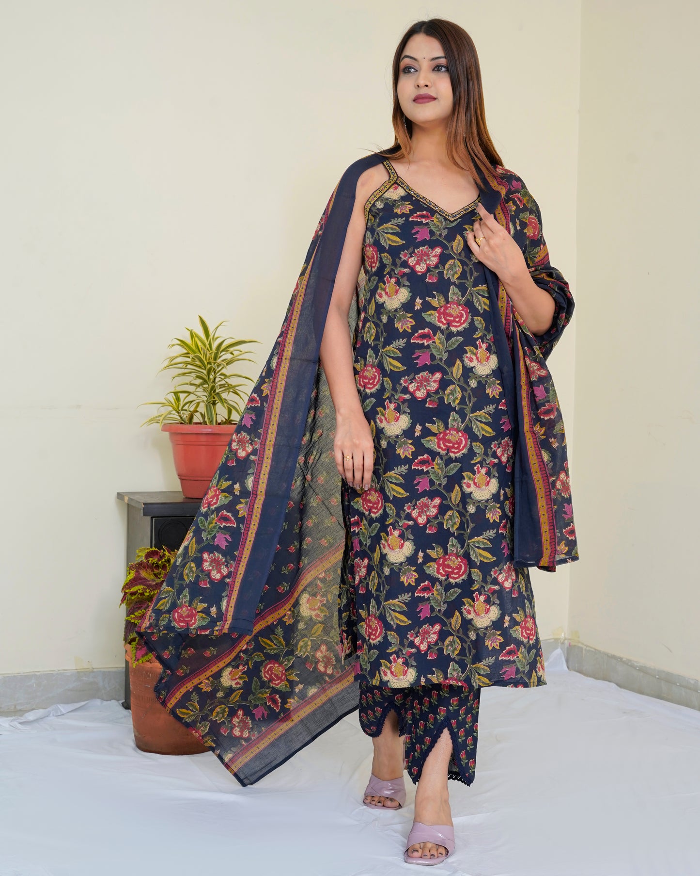 Pure Cotton Blue Floral Sleeveless Digital Print Dupatta Set