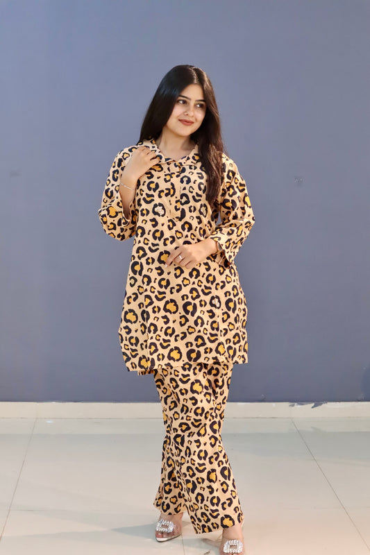 Pure Cotton Beige and Black Chittah Print Coord Set with Sparkle Work