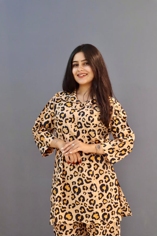 Pure Cotton Beige and Black Chittah Print Coord Set with Sparkle Work