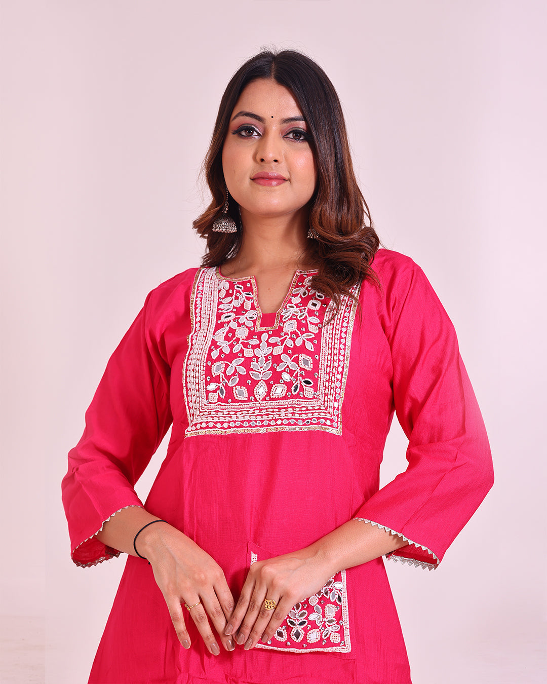 Pure Vatican Silk Tunic Coord Set with Pearl and Mirror Work in Pink