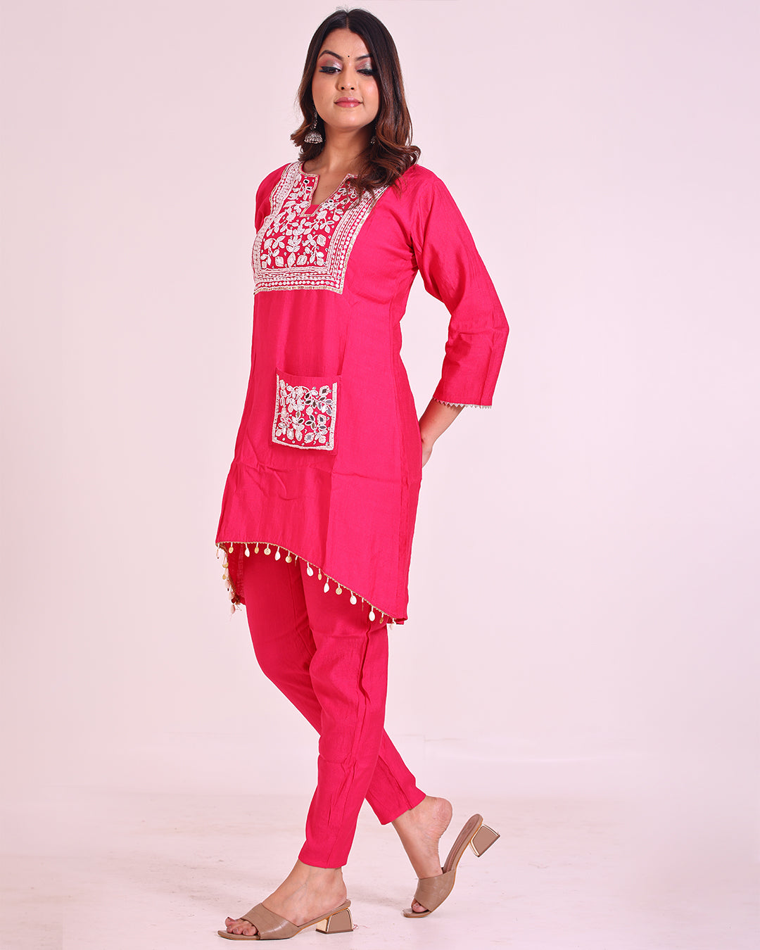 Pure Vatican Silk Tunic Coord Set with Pearl and Mirror Work in Pink