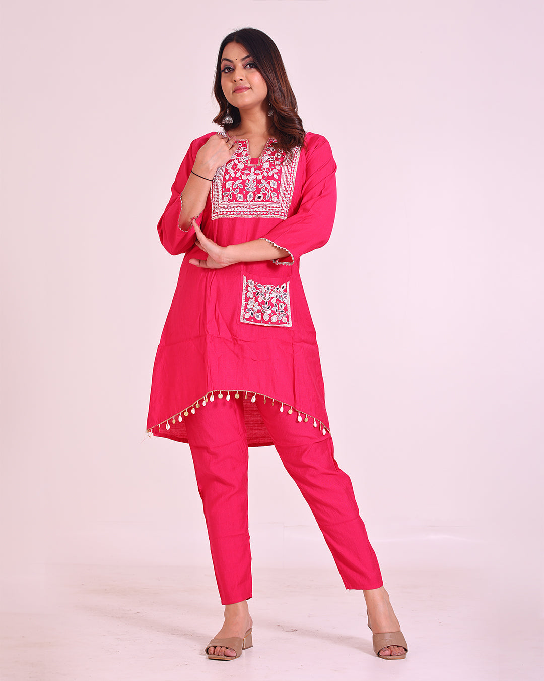 Pure Vatican Silk Tunic Coord Set with Pearl and Mirror Work in Pink