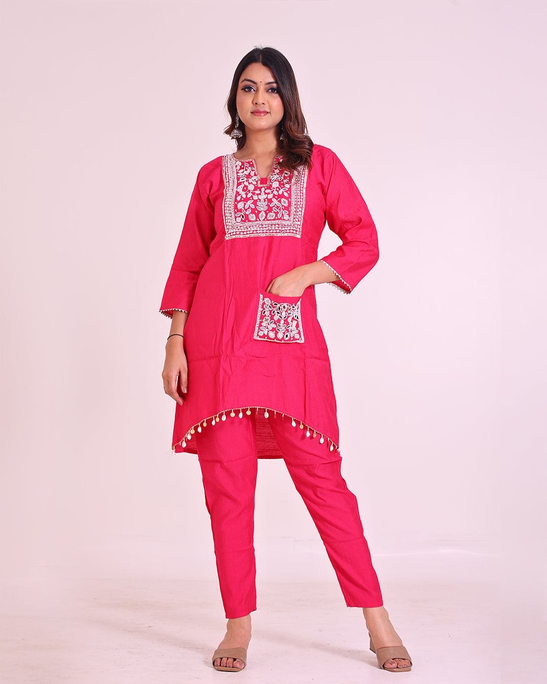 Pure Vatican Silk Tunic Coord Set with Pearl and Mirror Work in Pink