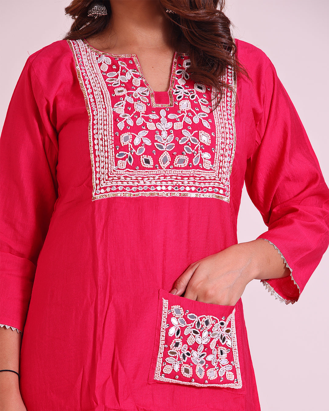 Pure Vatican Silk Tunic Coord Set with Pearl and Mirror Work in Pink