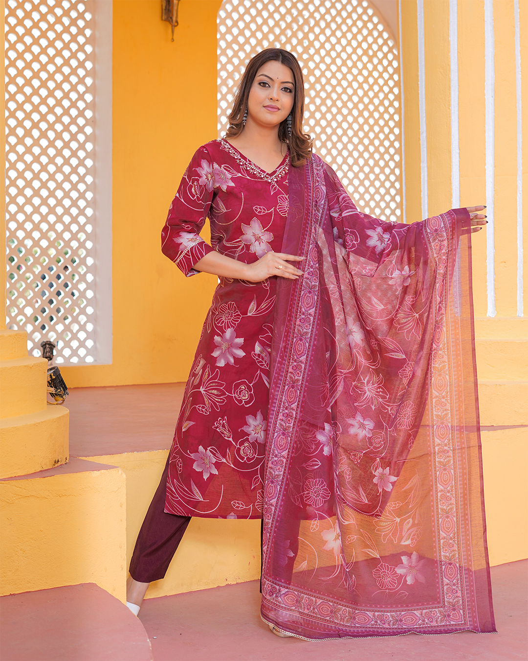 Pure Muslin Silk Maroon Suit with Digital Print Dupatta and Pearl & Sequence Work