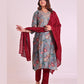 Grey and Maroon Pure Muslin Suit with Silk Dupatta and Pathni Work