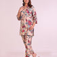 Pure Cotton Beige Floral Print Coord Set with Stylish V-Neck and Pearl & Sequence Work