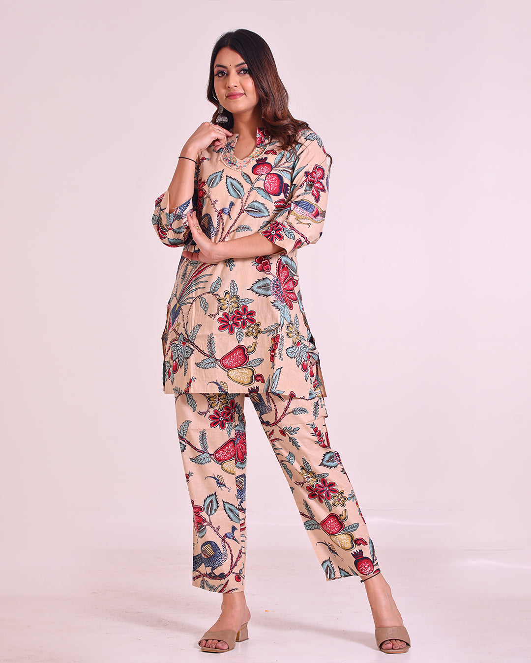 Pure Cotton Beige Floral Print Coord Set with Stylish V-Neck and Pearl & Sequence Work