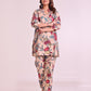 Pure Cotton Beige Floral Print Coord Set with Stylish V-Neck and Pearl & Sequence Work