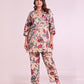 Pure Cotton Beige Floral Print Coord Set with Stylish V-Neck and Pearl & Sequence Work