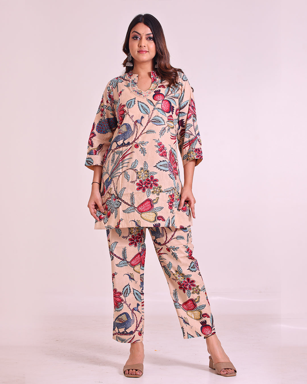 Pure Cotton Beige Floral Print Coord Set with Stylish V-Neck and Pearl & Sequence Work