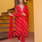 Pure Chiffon Red Bandhej Suit with Bandhani Dupatta and Pant Set in Pure Gotta Patti Work