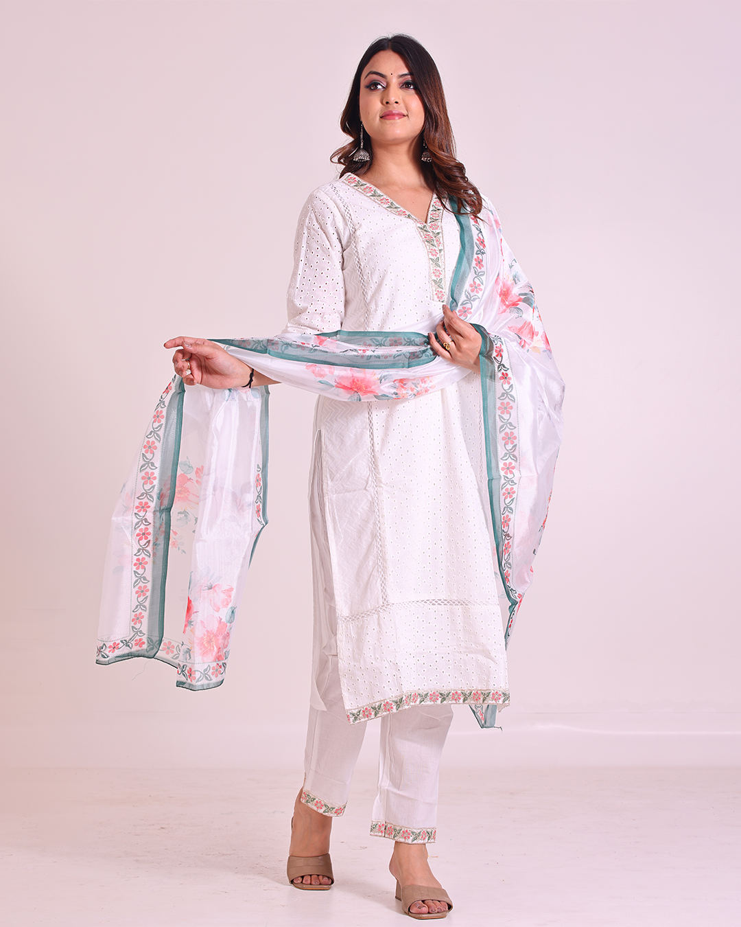 Pure Cotton White Chikankari Suit with Lace Work on Neck and Organza Dupatta