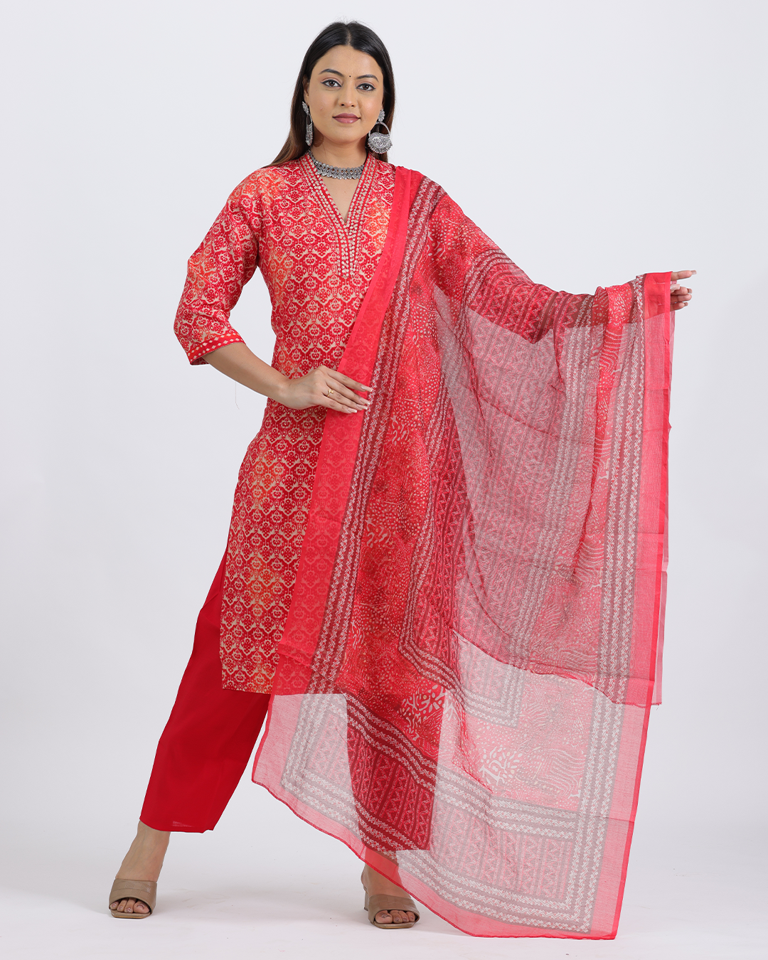 Pure Muslin Silk Suit with Paithani Work and Digital Print Dupatta in Red